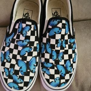 Vans Women's/ Man's Black and White Shoes with Blue Butterflies